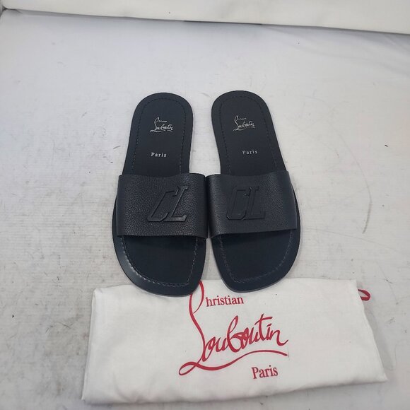 Christian Louboutin MENS Varsicool Black Leather CL Slide Sandal